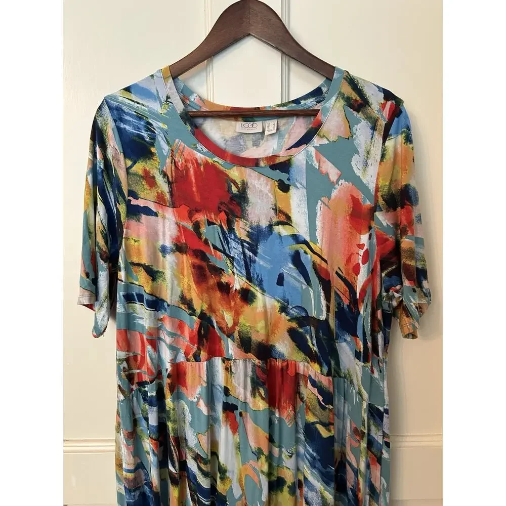 LOGO Lori Goldstein Color Splash Midi Shift Dress Womens SIze Large Stretch